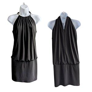 FRANK LYMAN DESIGN Dramatic Gold Circlet Black Halter Blouson Mini Dress Size 6